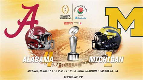 Jan 1, 2567 BE ... Alabama Football vs. Michigan Football in the 2023-2024 College Football Playoff Semifinals in the Rose Bowl on ESPN will decide one half of ...